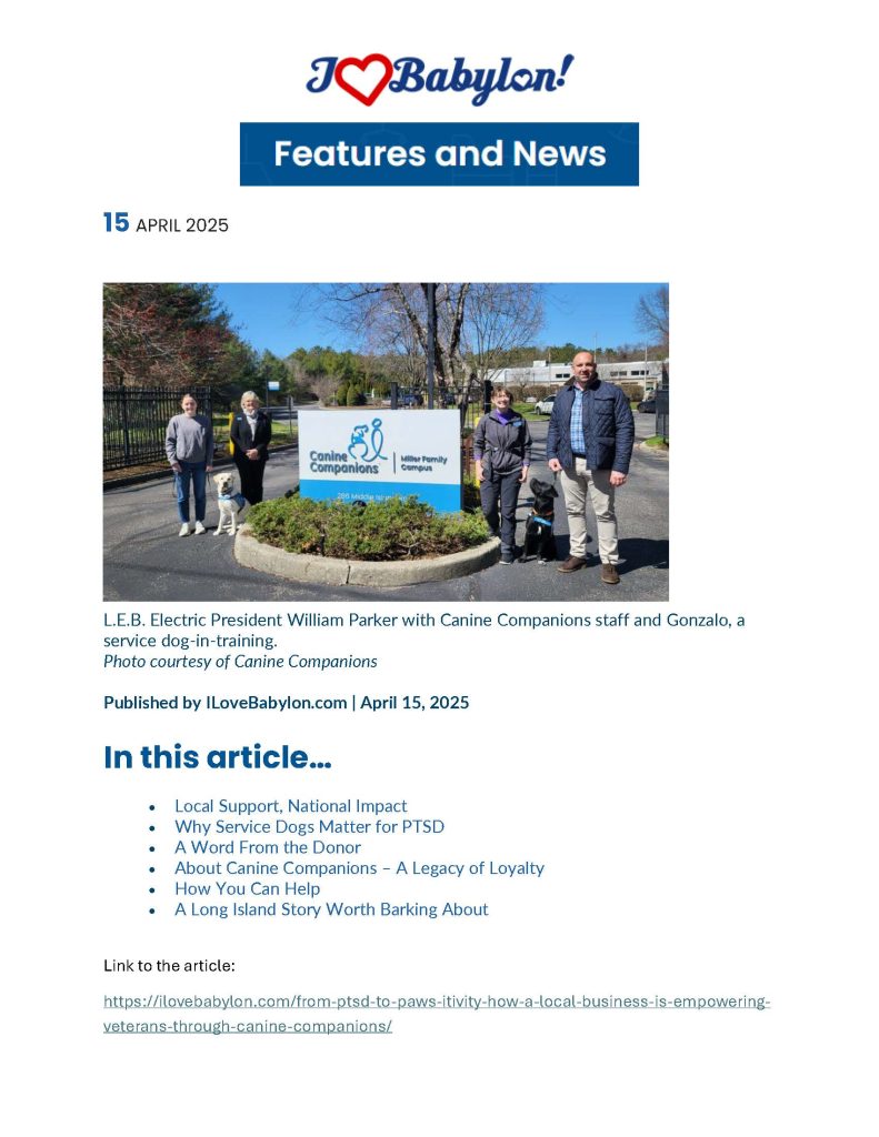 L.E.B. Electric’s Donation to Canine Companions Featured by I Love Babylon