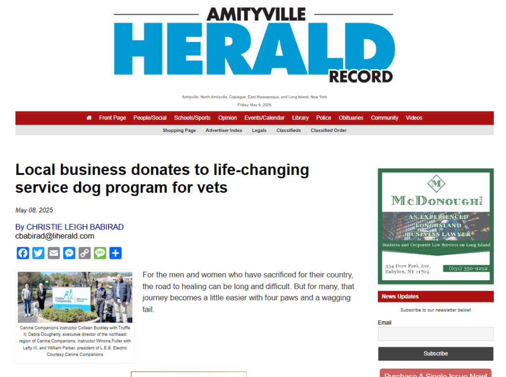 Thank You Amityville Herald Record: “Local business donates to life-changing service dog program for vets”